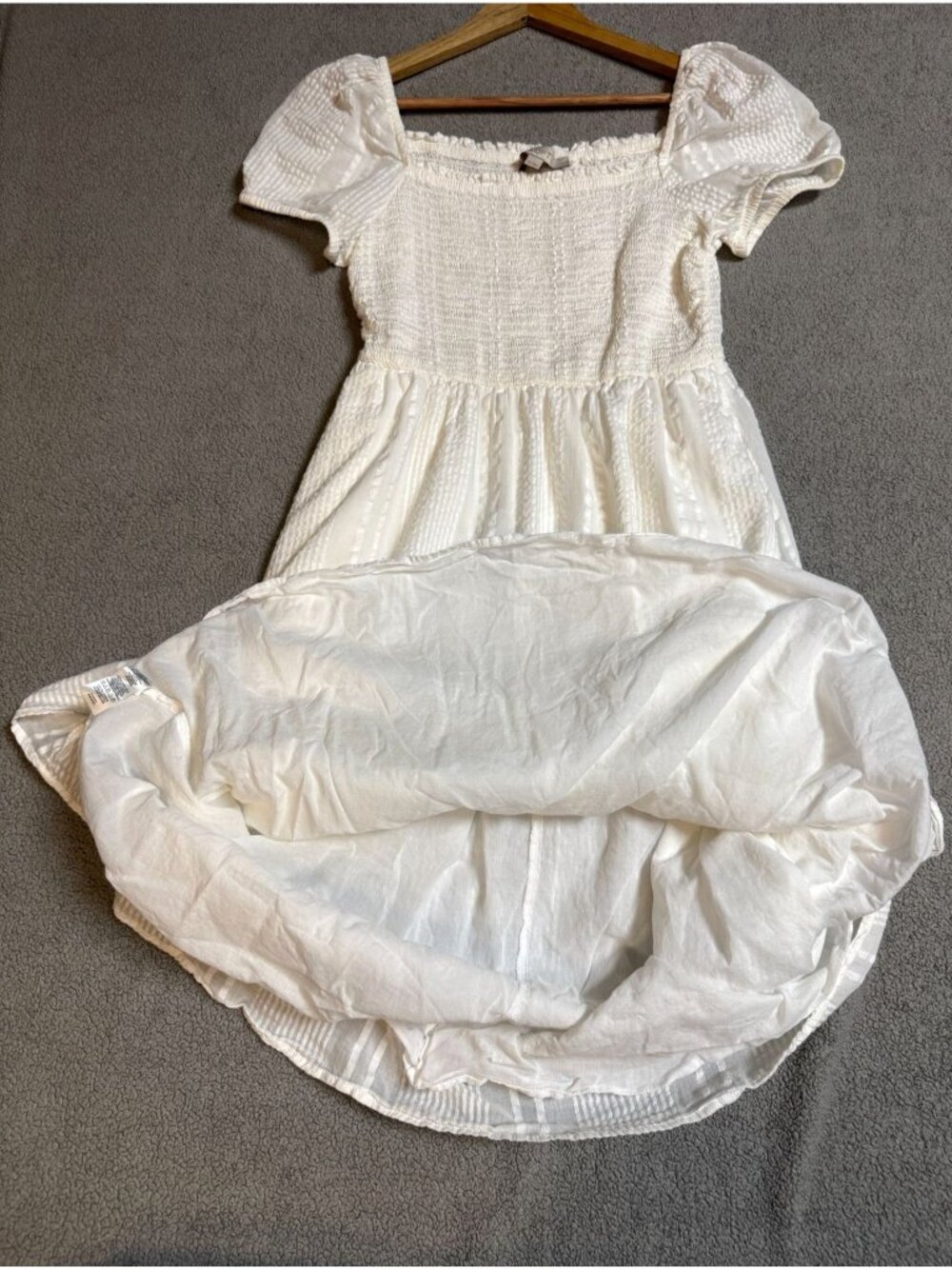 Loft Womens White Dress XS 100% Cotton Midi Smocked Puff Sleeves Textured Lined - Picture 5 of 9